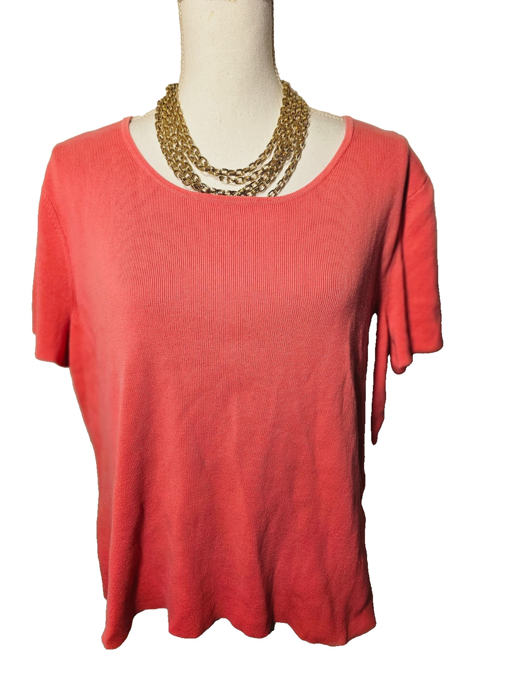 Talbots Womens Salmon Pink Thick Cotton Ribbed Short Sleeve Crewneck Top XL